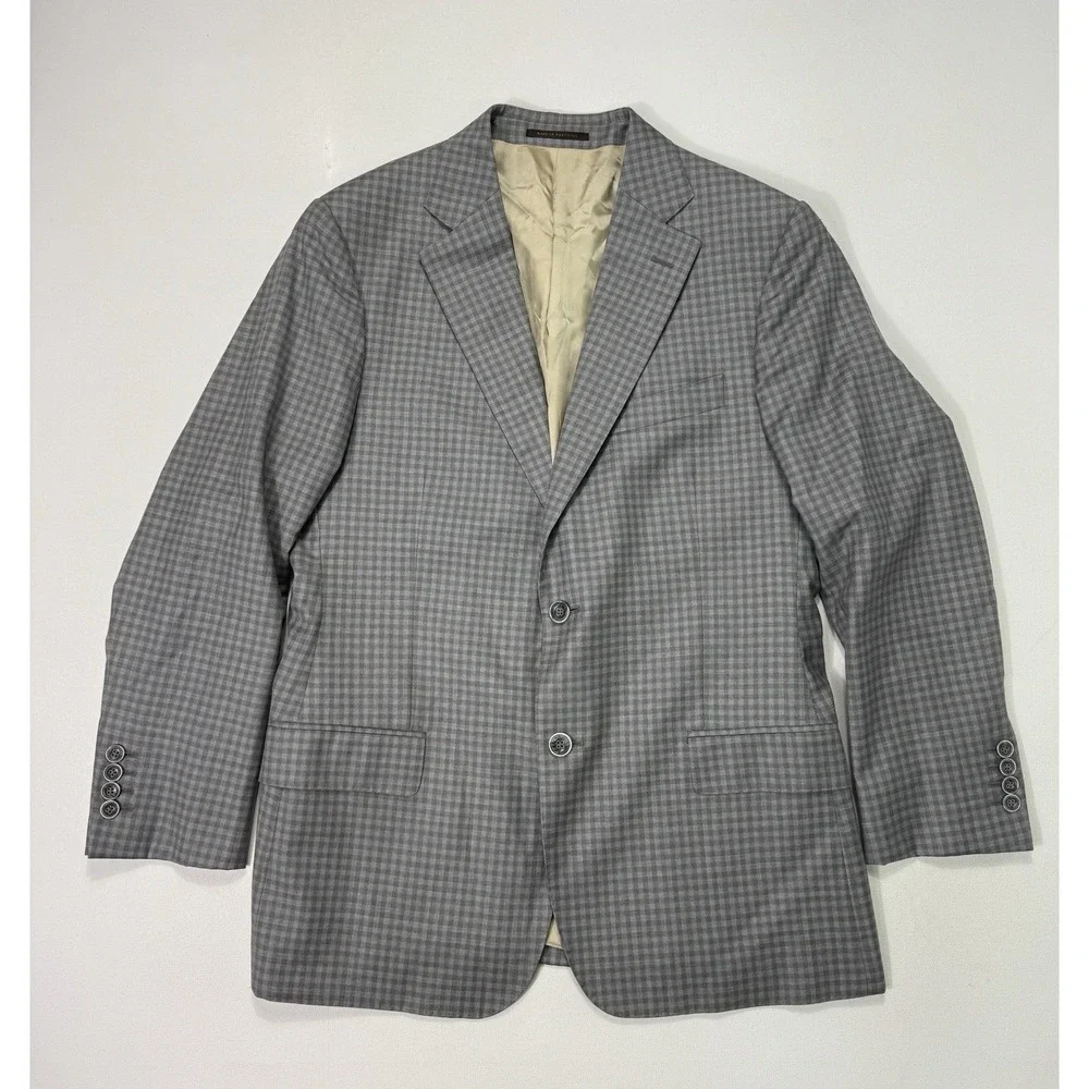 J Hilburn 40R Wool Grey Blue Plaid Blazer Jacket Sport Coat Bespoke Luxury